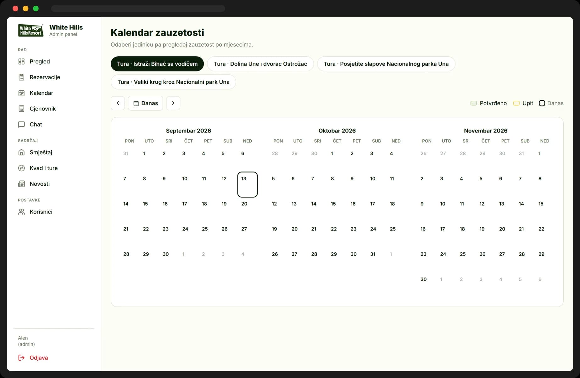 Admin panel, kalendar