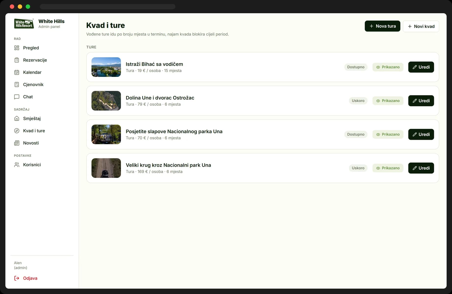 Admin panel, ture